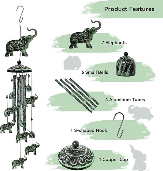 35" Elephant Wind Chimes for Outside, Elephant Wind Chimes Gifts for Mother's Day, Garden Decor for Outdoor Porch Patio Home Yard Decorations