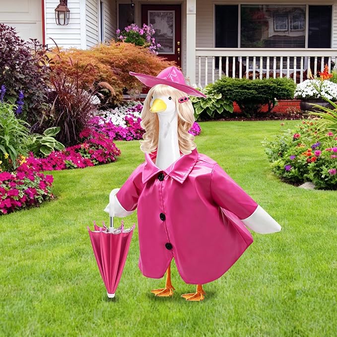 4 Pcs Porch Goose Raincoat with Wigs, Outfits and Clothes, Spring Summer Goose Statue Raincoat Costume, 23" Geese Statue Clothes for Patio Yard Lawn Outdoor Decor (Pink)