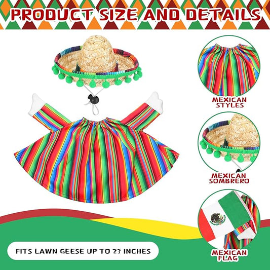 Abbylike 4 Pcs/set Mexican Porch Goose Outfits Cinco De Mayo Yard Goose Costume Clothes with Fiesta Sombrero Beard Flag Fit 23'' Cement for Mexican Fiesta Garden Patio Yard Statue Pathway Decoration