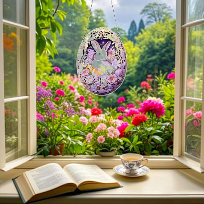 Easter Bunny Eggs Ornaments Colorful Window Hanging Decorations Home Wall Decor for Bedroom Patio Indoor Outdoor