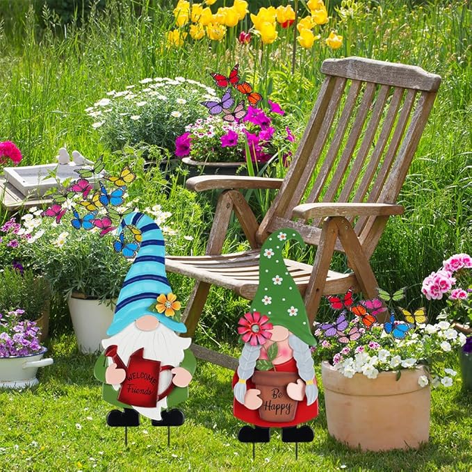 YEAHOME Garden Decor for Outside, Set of 2 Metal Gnomes 27.6โ Decorative Garden Stakes with Flowers for Spring Decor, Yard Art Stakes for Outdoor Lawn Backyard Porch Garden Decorations