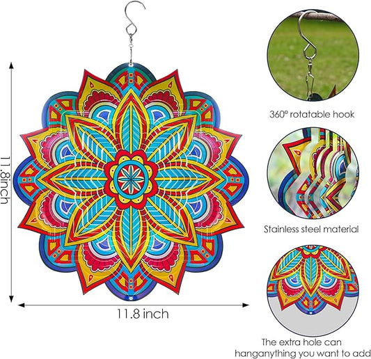 Mandala Wind Spinners, 12inch Metal Wind Spinners Outdoor for Yard and Garden, Stainless Steel Hanging Wind Spinner, Kinetic Yard Art Garden Decor Ornament Gifts