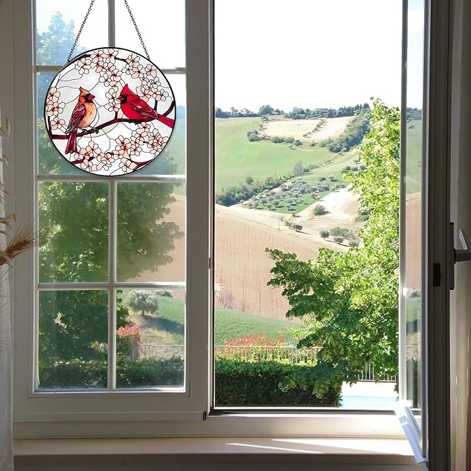 Cardinal Sun Catcher Stained Glass Window Hanging Cardinal Decor Gifts for Women Handmade Sun Catcher Decoration for Garden Home Housewarming Gift Valentine's Day Gifts(6 inch)
