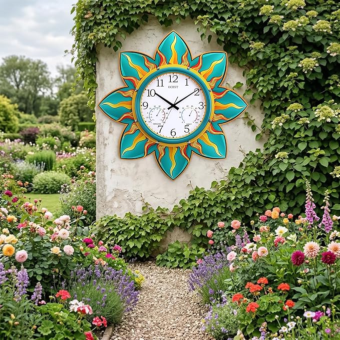 OCEST 24 Inch Outdoor Clock, Waterproof with Thermometer and Hygrometer Combo, Silent No-Ticking Outdoor Wall Clocks, Quartz Clock for Patio Garden Flame Petal