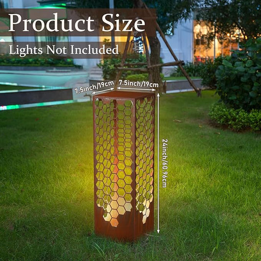 Sumind 24 Inch Honeycomb Garden Column Rust Steel Statue, Outdoor Yard Sculpture, Metal Patio Landscape Decor, Beehive Art Column for Lawn, Porch, Backyard Decoration, Modern Garden Ornament