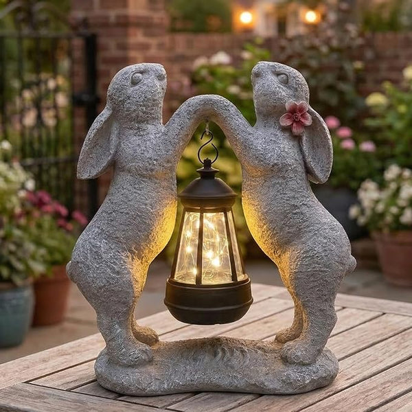 Rabbit Solar Garden Statue, Outdoor Double Bunny Decorations with Hanging Lantern, Bunny Figurines Decor for Patio Yard Lawn, Whimsical Housewarming Gifts for Women & Garden Lovers