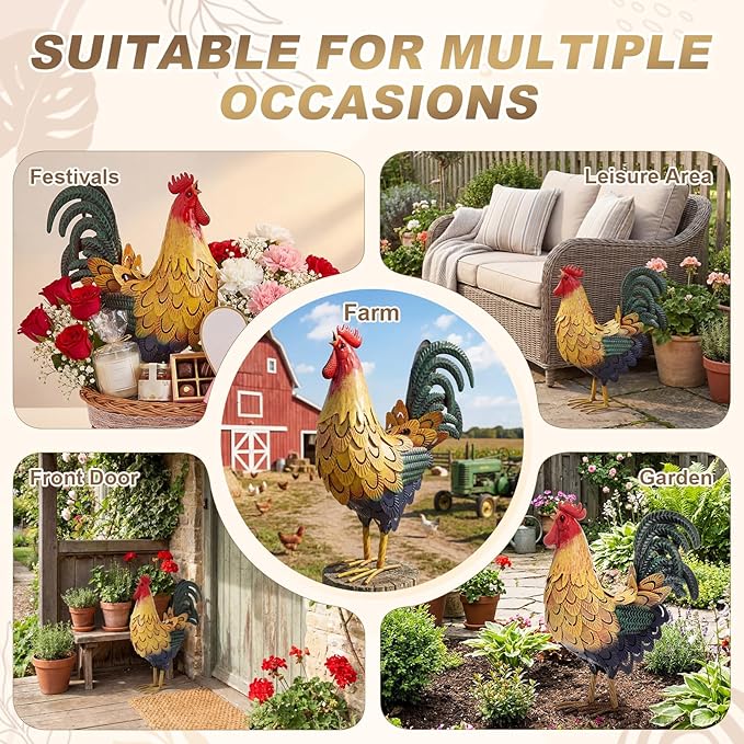 Zhengmy Metal Rooster Garden Statue Lifelike Colorful Metal Rooster Yard Decor Hand-Painted Iron Chicken Sculpture for Patio Lawn Backyard Farmhouse Outdoor Indoor Decoration(Multicolor)