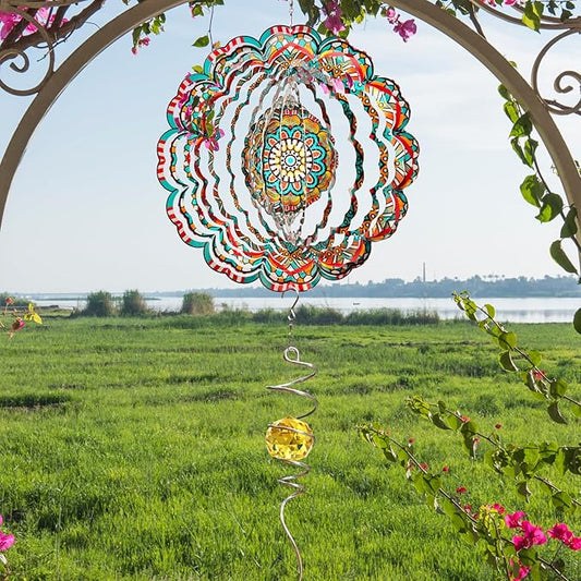 Mandala Wind Spinner - Lucky Star Design | 12-Inch Laser Cut Stainless Steel, Kinetic Hanging Wind Sculpture for Garden, Porch, Patio, Home | Outdoor 3D Metal Windcatcher & Yard Art