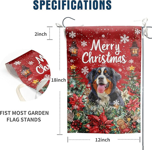 Christmas Bernese Mountain Garden Flag Merry Christmas Dog Yard Flag for Outside Xmas Flags 12x18 Double Sided Red Poinsettia Garden Flags Winter Porch Decorations Outdoor
