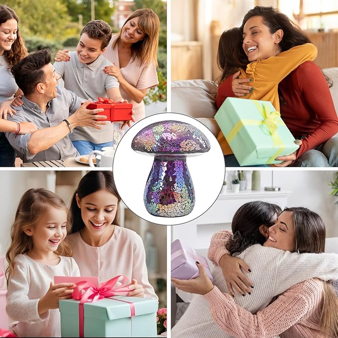 Bshine Mushroom Garden Statue Decoration, Colorful Mosaic Mushroom Sculptures Home Decor, Outdoor Waterproof Handmade Glass for Yard, Path, Lawn Ornaments, Purple