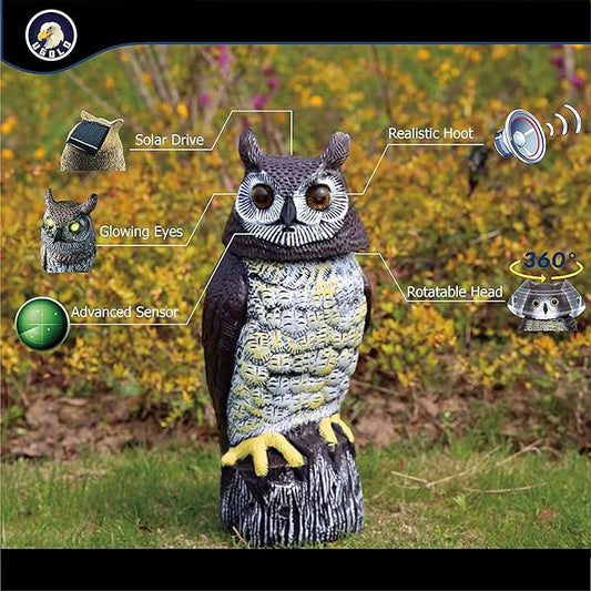 Solar Powered Owl with Motion Detection, Silent Mode, Flashing Eyes, Rotatable Head and Realistic Hoots, Plastic Owl Decoration for Home, Garden, Patio and Fence