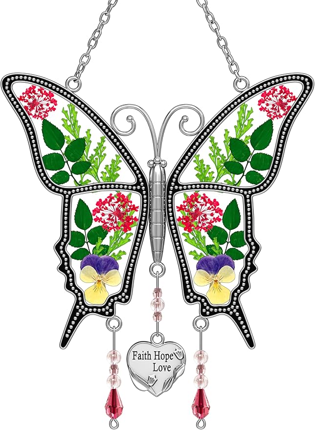 KY&BOSAM Butterfly Suncatcher FHL Stained Glass for Windows Hangings Wind Chimes with Pressed Flower and Metal Heart Charm Gift for Mom from Mothers Day Birthday Valentines Day Christmas
