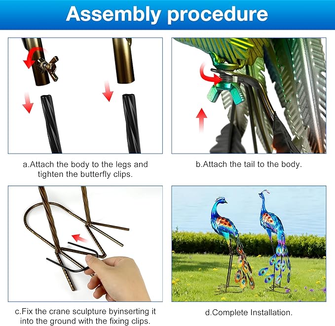 33.4“ Lifelike Metal Peacock Garden Sculptures Set of 2 - Hand-Painted Garden Peacock Sculpture Art and Durable Yard Art Outdoor - Garden Large Peacock Decorations for Patio Lawn or Backyard
