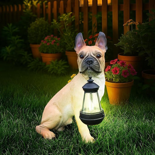 Outdoor French Bulldog Dog Statue with Interchangeable Welcome Sign and Detachable Solar Lantern –LED Light Garden Dog Sculpture Décor, Cute Puppy Design for Yard, Porch, Gift