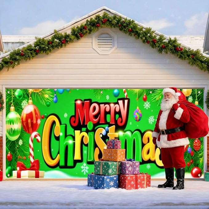 IVN Christmas Garage Door Cover Decoration 13x6ft Bright Green Background Candy Canes Colorful Letters Merry Christmas Winter Garage Door Banner Home Door Front Yard Decor for Xmas Eve Holiday Outdoor