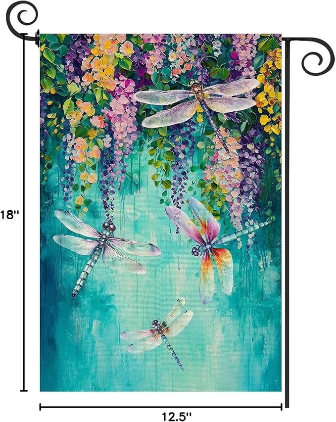 Baccessor Spring Summer Floral Garden Flag Double Sided 12.5 x 18 Inch Burlap with Clip and Stopper,Wisteria Dragonfly Welcome Flag Front Yard Lawn Seasonal Farmhouse Outside Outdoor Decoration