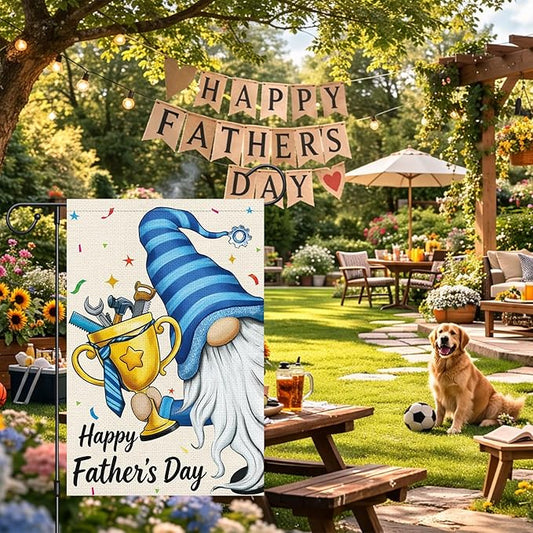 Heyfibro Happy Father's Day Gnome Garden Flag 12x18 Double Sided Burlap, with Tool Trophy Blue Striped Yard Banner for Best Dad Spring Outside Outdoor House Fathers Day Decoration (ONLY FLAG)
