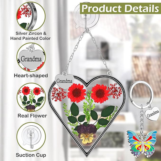 KY&BOSAM Heart Suncatcher for Windows Hangings Grandma Gift Stained Glass Butterfly Suncatcher Pressed Flower Between Heart in Glass Metal Engraved Charm Gift for Women Mother's Day Birthday Christmas