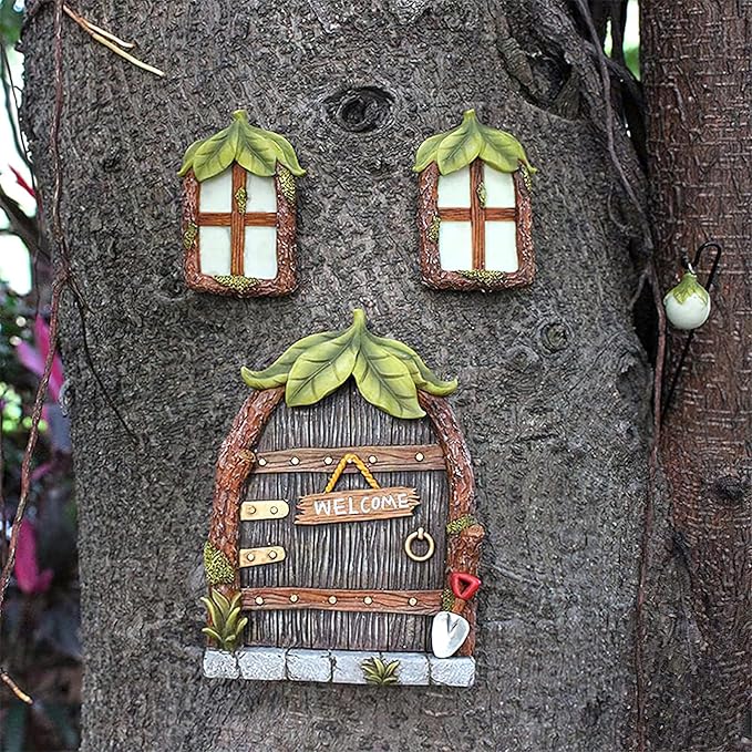 Fairy Garden Decor Fairy Door and Windows for Trees, Glow in The Dark Yard Sculpture Lawn Ornament Mini Garden Art Outdoor Decor Accessories with Lantern (Vintage)