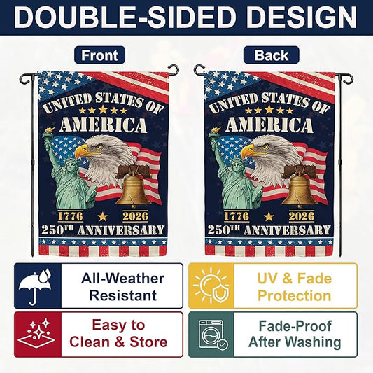 250th Anniversary America USA Garden Flag for Outside, Eagle Liberty Bell Statue of Liberty 1776-2026 Patriotic Double-Sided Waterproof Yard Flag 12x18 Inch for 4th of July Memorial Day Decor