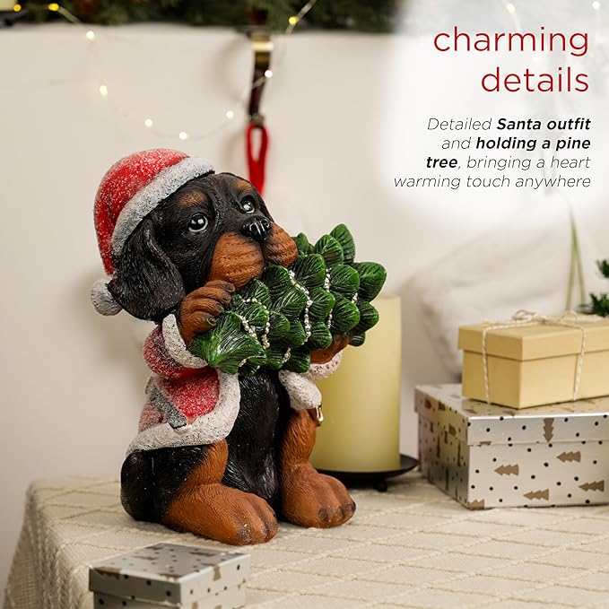 Alpine Corporation 12" Tall Puppy Christmas Statue with Santa Coat and Pine Tree, Weather-Resistant Resin Figurine, Indoor/Outdoor Holiday Decoration for Porch or Entryway