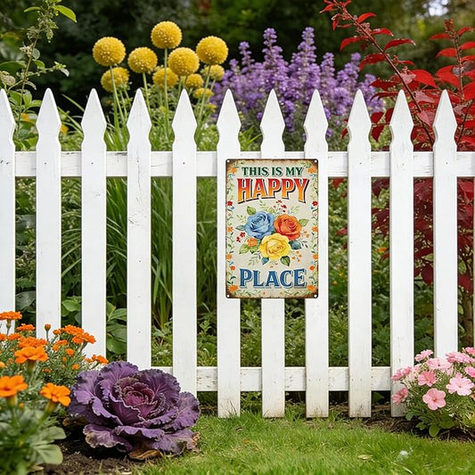 Garden Signs for Outside This Is My Happy Place Sign, Funny Metal Signs for Home Garden Patio Yard, Retro Gardening Gifts for Women, Wall Decor 12" x 8"