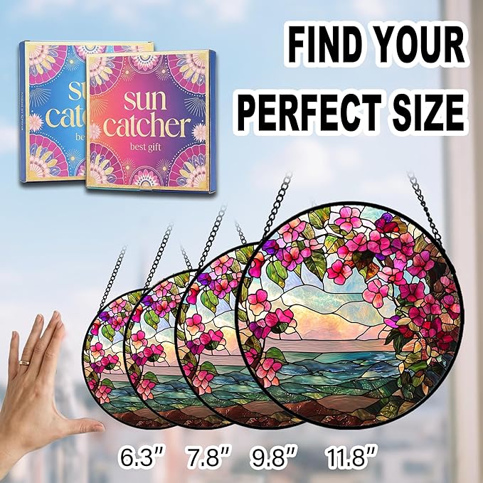 Birthday Gifts for Women - Ocean Flowers Faux Stained Glass Window Hanging Sun Catcher for Door Garden Acrylic Scenery Decor Mother's Day Christmas for Mom Men Nana Grandma Sisters 9.8"