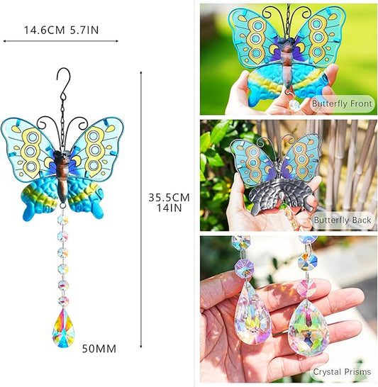 Set 2 Metal Butterfly Suncatchers for Windows - 14" Outdoor Fence Wall Art Decor, Rainbow Prisms Sun Catchers with Crystals Hanging for Home Garden Ornament for Christmas Tree