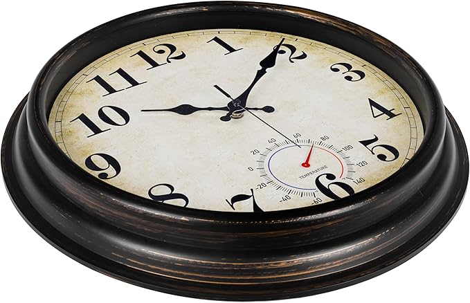 Large Outdoor Clocks Waterproof with Thermometer Combo Vintage Wall Clock Decor for Bathroom Patio Pool Garden(16 Inch)