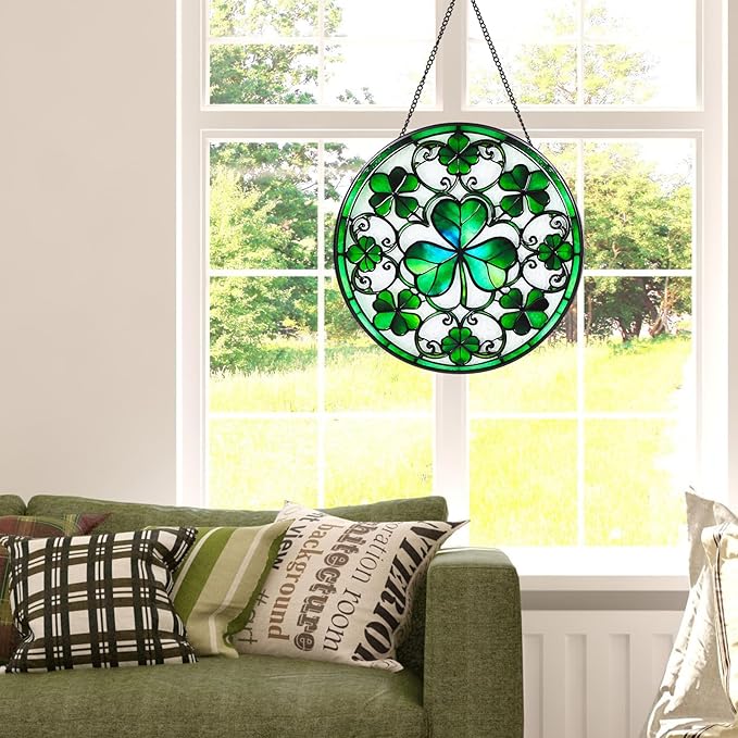 Ireland Green Lucky Clover Stained Glass Window Hanging Suncatcher with Chain - 7.9" Irish Shamrock Outdoor/Indoor Art Decor for Home Garden, St. Patrick's Day, Mother's,Ornaments Present