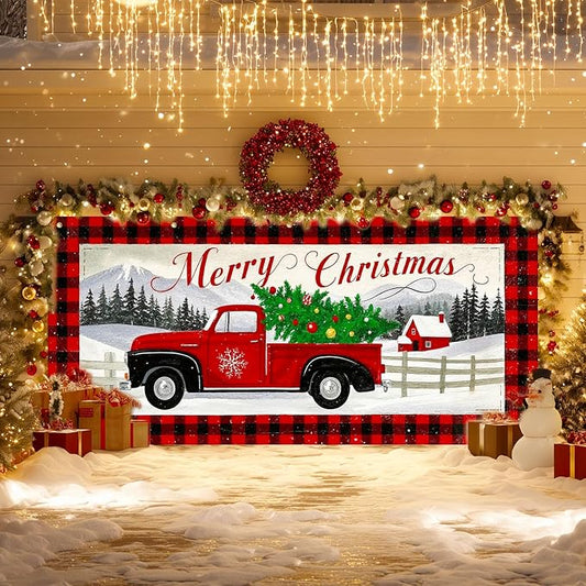 IVN Vintage Red Truck Christmas Tree Mountain Scene Garage door banner Door Cover Indoor And Outdoor Studio Background Hanging Decoration 13x6ft