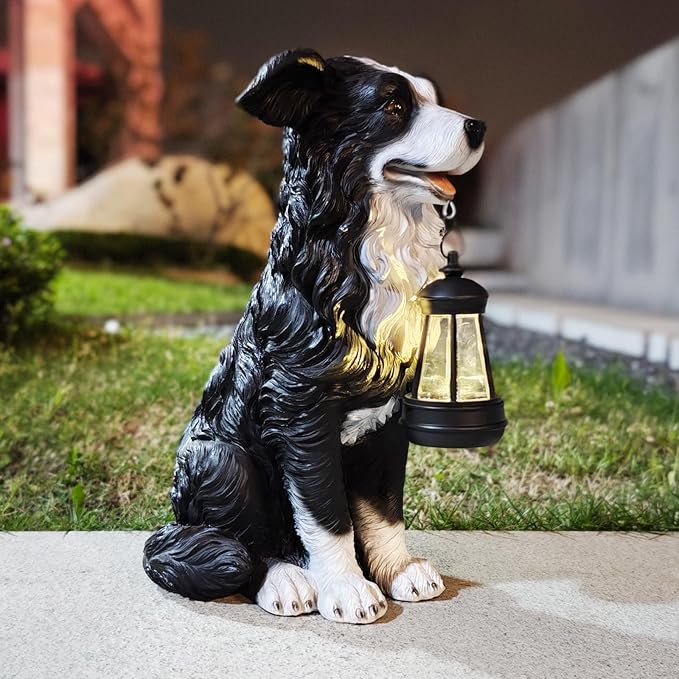 COWOS Solar Border Collie Dog Statue with Lantern, Resin Outdoor Garden Decor, Solar Powered LED Dog Sculpture for Patio Porch Yard