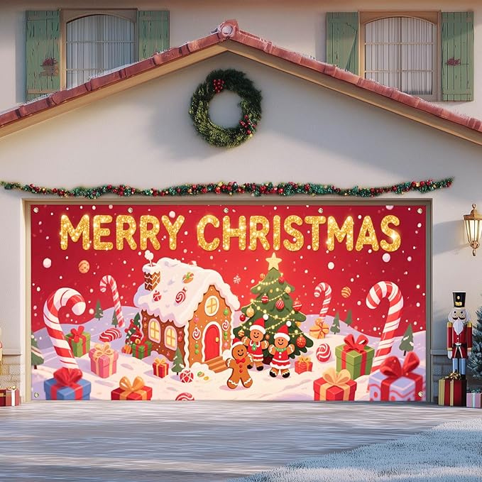 IVN Christmas Garage Door Cover Decoration 13x6ft Gingerbread House Christmas Tree Candy Path Merry Christmas Garage Door Banner Home Door Front Yard Decor for Xmas Eve Holiday Outdoor