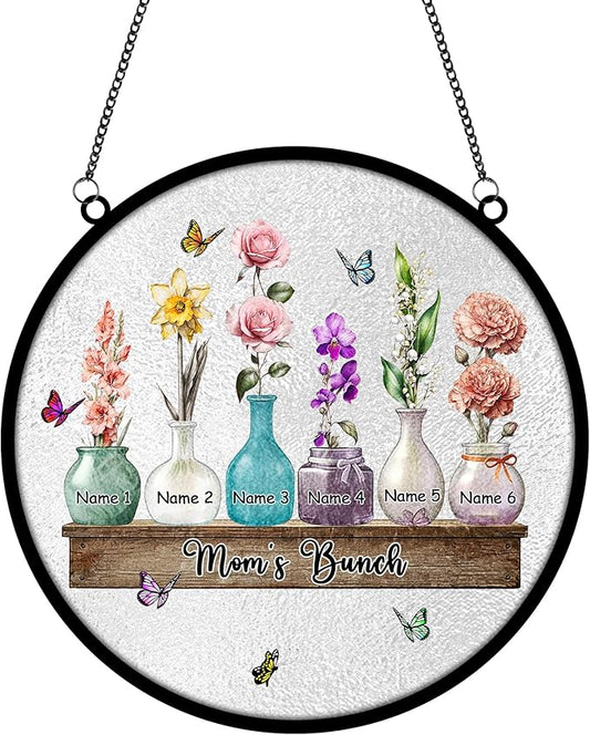 Personalized Mother's Day Suncatcher, Custom Name Birth Month Flowers Mom’s Bunch Window Hanging, Mothers Day Christmas Birthday Gifts for Mom from Daughter Son (Style 02)