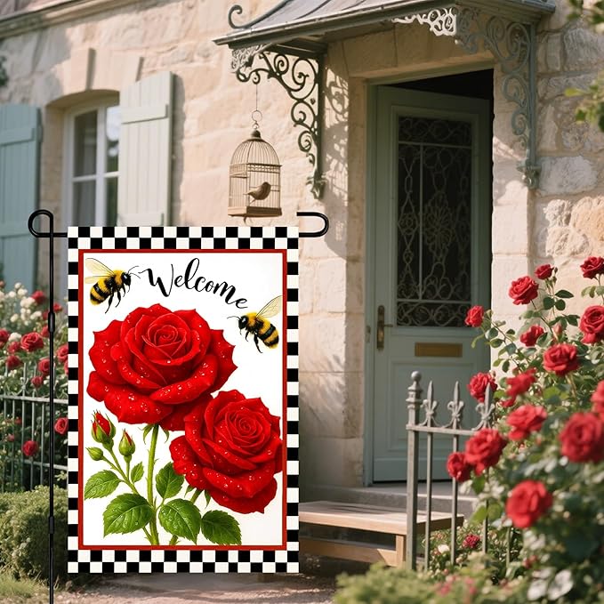 IVN Welcome Garden Flag 12x18 Inch Double Sided Spring Summer Garden Yard Flags Red Rose Flowers Bees Decorative Small Flags for Outdoor Seasonal Front Door Lawn Porch Patio Decor Yard Flag