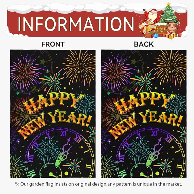Happy New Year Garden Flags Firework Sparkle Night Sky Yard Flag 12x18 Inch Double Sided New Year Decorations for Outside lawn Celebrate Party Flag