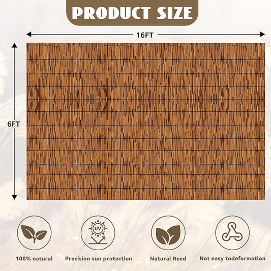 KOIUEYW Bamboo Reed Fencing, Light Russet Bamboo Fence Rolls 6 Feet High, Decorative Privacy Screen Reed Curtains for Patio Balcony Garden Backyard Outdoor, 6 x 16 FT
