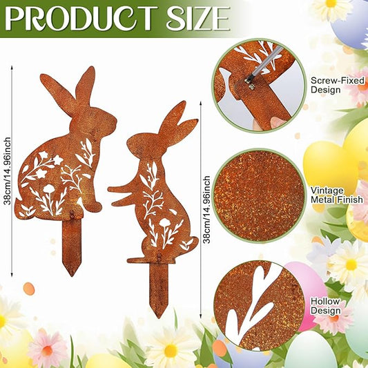 2 Pcs Easter Metal Rabbit Garden Stake Rusty Bunny Garden Decor Rustic Iron Rabbit Silhouette Decoration Art Flower Metal Cutout Sign Floor Standing Sculpture for Yard Decor Holiday Outdoor