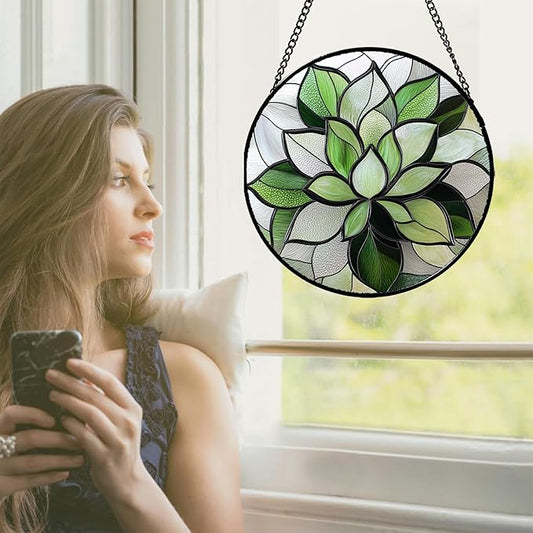 Stained Glass Window Hanging - Green Lotus Suncatcher for Door Garden Succulent Plant Sun Catchers Decor Mother's St. Patrick's Day Birthday for Women Mom Nana Grandma 7.8 in