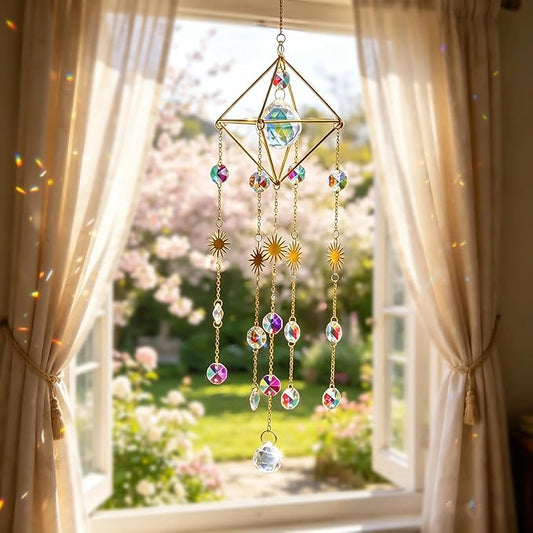 HDCRYSTALGIFTS 17inch Crystal Prisms Suncatcher for Window Hanging Gold-Plated Crystal Sun Catcher Indoor Window Rainbow Maker Home Garden Christmas Tree Decoration
