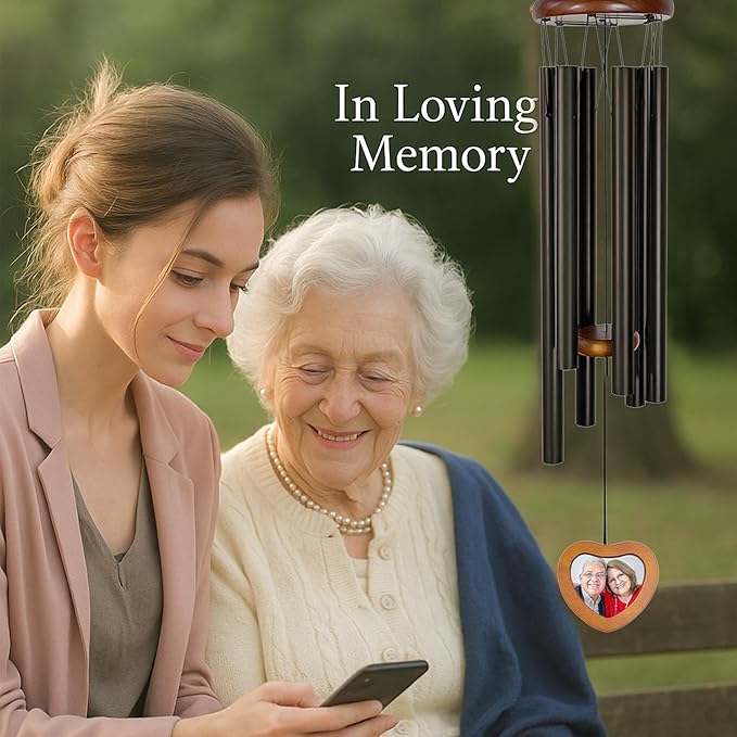 Memorial Wind Chimes with Photo Frame – 32" Outdoor Bereavement Wind Chimes for Loss of Loved One, in Loving Memory Sympathy Gift, Memorial Garden & Patio Wind Chime Decor