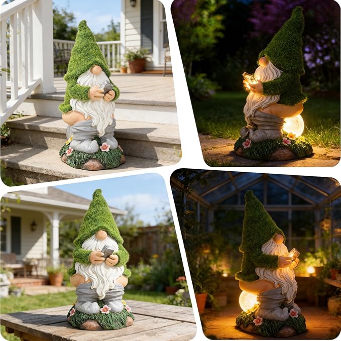 Mischeievous Garden Gnome Statues Solar Lighting - Resin Forest Guardian with Moss Hat&Warm Light Solar Lantern,Funny Outdoor Yard Statue Decor for Patio, Lawn, Fairy Garden Gift