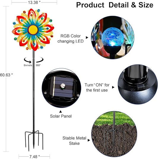 Solar Wind Spinner Outdoor Metal Garden Decor – 60.63'' Kinetic Flower Sculpture with Color-Changing LED Crackle Glass Ball & Gemstone, Waterproof Wind Catchers for Patio, Yard, Lawn Art Decoration
