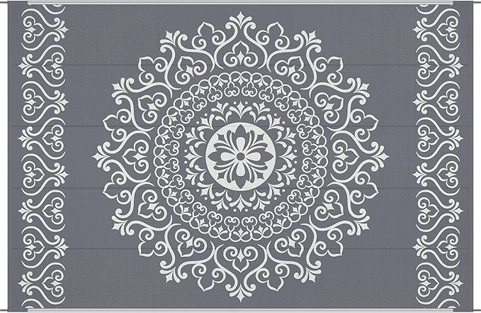 Pauwer Waterproof Outdoor Rug 6x9, Reversible Plastic Straw Patio Camping Rug, Indoor Outdoor RV Mat Carpet for Deck, Camper, Porch, Balcony, Backyard, Picnic, Floral Grey