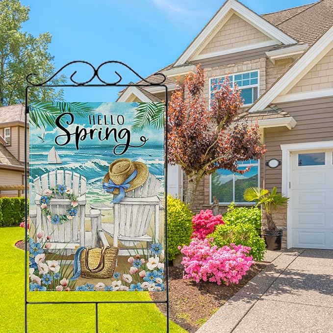 Hzppyz Hello Spring Chairs House Flag Double Sided, Forget Me Not Flower Coastal Beach Decorative Garden Yard Outdoor Large Decor, Nautical Sailboat Bag Hat Burlap Home Outside Decoration 28 x 40