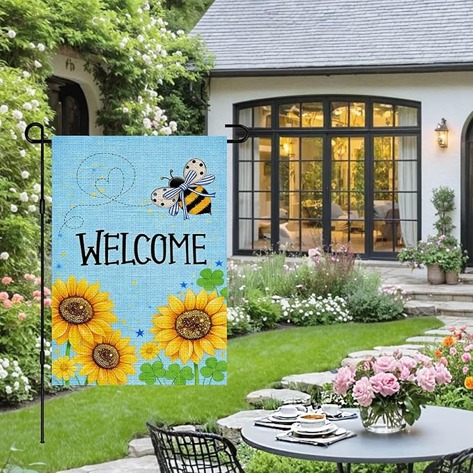 IVN Bee and Sunflower Garden Flag 12x18 Inch – Welcome Burlap Outdoor Flag, Double Sided Spring Summer Yard Flag for Porch Lawn Patio Decor