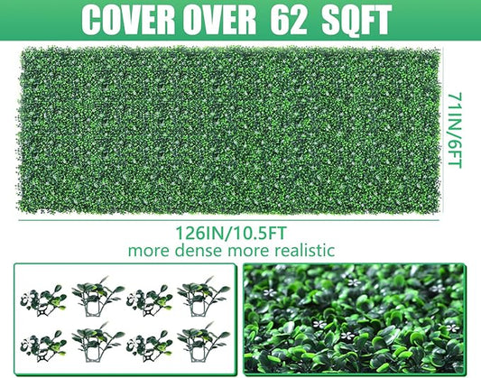 Grooy 71"x 126"(62 sq.ft) Artificial Boxwood Roll Panels with Flowers, UV-Anti Faux Ivy Leaves Privacy Fence Screen, Grass Wall Roll Panels for Indoor Home Decor and Outdoor Garden Backyard