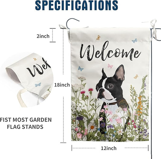 Spring Summer Garden Flag Floral Boston Terrier Yard Flag Flower Dog Garden Flags for Outside Small Outdoor Welcome Flags 12x18 Double Sided