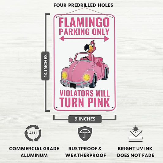 Venicor Flamingo Parking Only Sign - 9 x 14 Inches - Aluminum - Pink Flamingo Gifts for Women - Flamingo Decor Metal Wall Art - Outdoor Flamingos Yard Decorations Lawn Party Supplies Merch Stuff