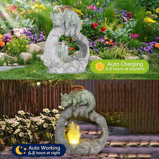 VEEKI Solar Dragon Garden Statues Outdoor, Resin Dragon Statue Solar Figurine Lights Outdoor Waterproof, Solar Sculpture Dragon Decor for Garden Yard Patio, Dragon Gifts for Mom Grandma Women